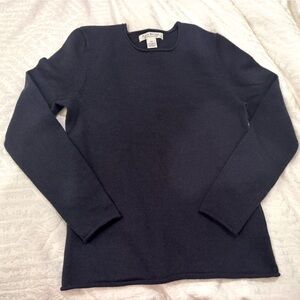 Susan Bristol 100% merino wool navy crew neck sweater rolled hem